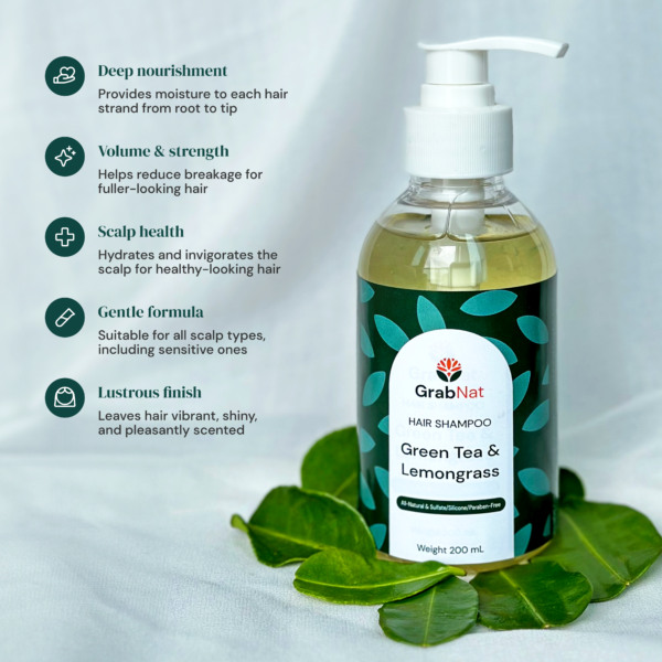 Green Tea & Lemongrass Natural Nourishing Shampoo 200 mL - Image 2